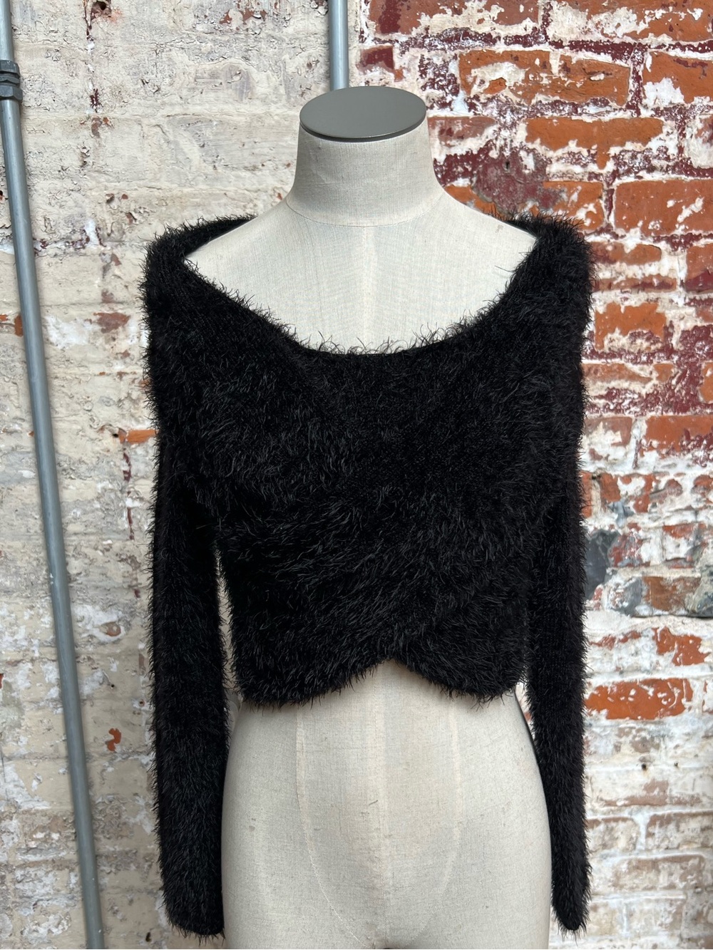 Dolls Kill Current Mood Black Fuzzy Off-the-Shoulder Cropped Sweater